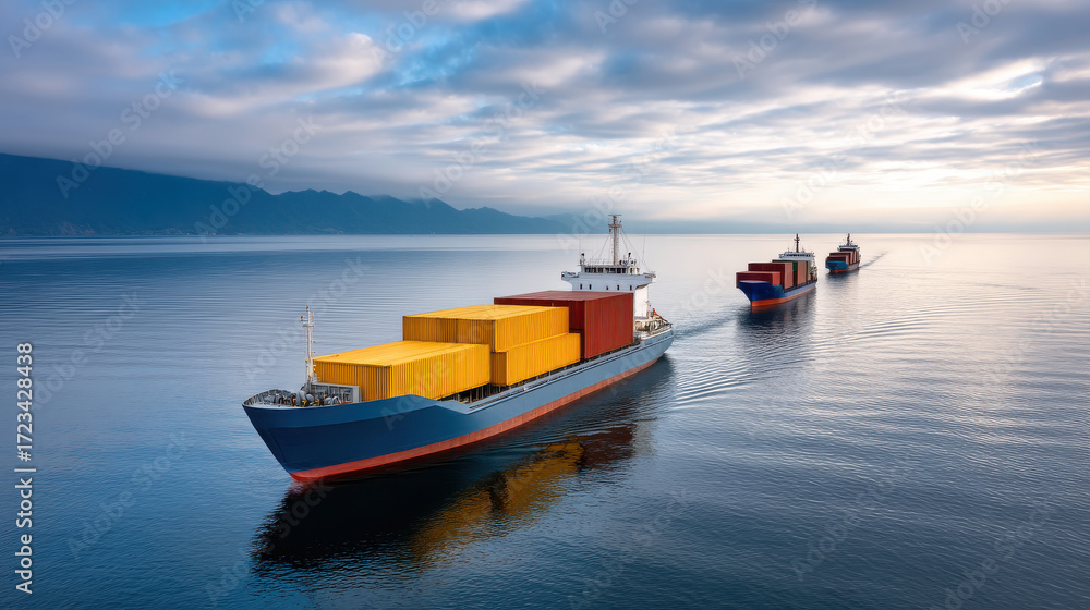 Fototapeta premium Container ship with colorful cargo containers sailing on calm sea under cloudy sky showing global logistic transportation concept