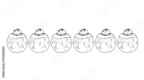 Six glass jars lined up displaying abstract pattern inside for display or storage silhouette