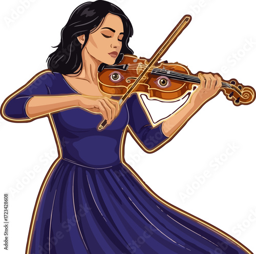 A woman in a blue dress gracefully plays the violin, her eyes closed in concentration, creating a harmonious melody isolated on white background