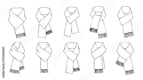 Collection of ten different scarf styles displayed with elegant folds and decorative fringes silhouette