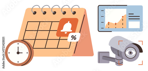 Calendar with alarm bell, clock for scheduling, camera indicating surveillance, activity chart for analytics. Ideal for scheduling, time management, monitoring, security, analytics planning