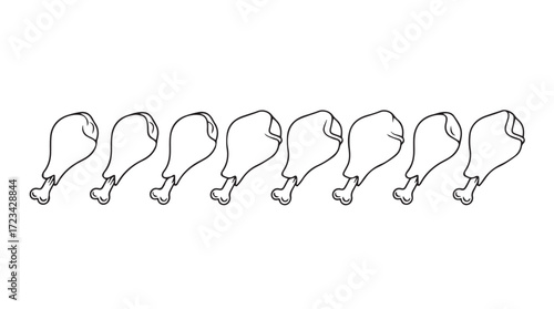 Line art drawing of eight chicken drumsticks arranged horizontally as a seamless pattern silhouette