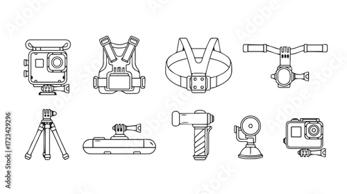 Collection of action camera accessories and mounts diverse equipment for capturing dynamic footage silhouette