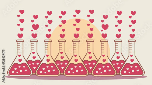 Illustration of chemistry beakers filled with pink liquid and small hearts rising upwards in a row
