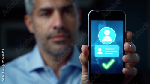 Silver Haired Man Holding Mobile Device with Blue Iconography on Screen