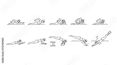 Sequential illustrations of a diver's dive progression from start to entry silhouette
