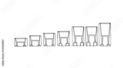 Collection of line art drawings showing various styles of whiskey glasses in ascending size order silhouette