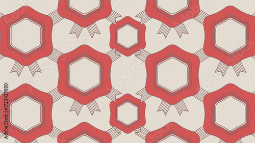 A repeating pattern of red hexagon shapes with white centers and gray lines on a cream background