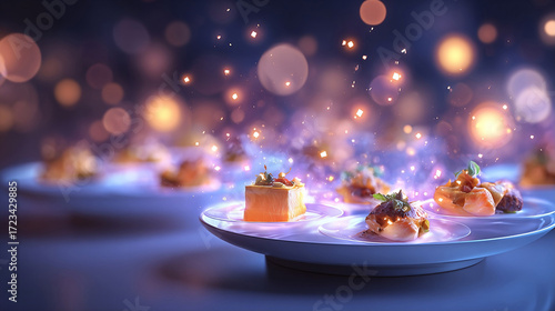 Gourmet appetizers with artistic food presentation in fine dining style