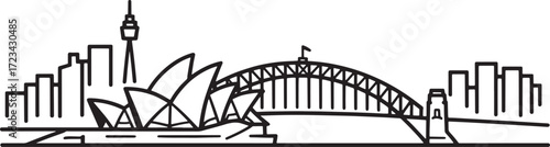 Sydney Australia City Skyline With Opera House Harbour Bridge Silhouette Outline Graphic