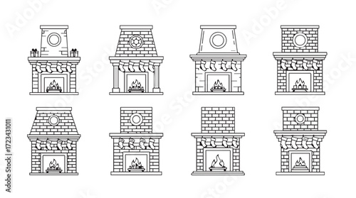 Collection of eight ornate fireplace designs hand-drawn architectural sketches detailed and elegant silhouette