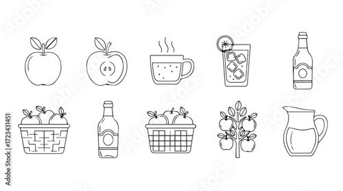 Hand drawn collection of fresh fruit vegetable drinks food icons and elements set silhouette