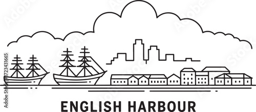 English Harbour Antigua and Barbuda skyline vector illustration. Cityscape line art design