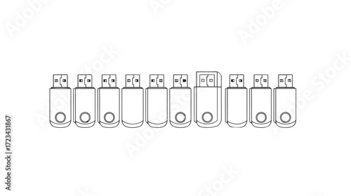 Set of different usb flash drives in a row on a clean for storage and data transfer concepts silhouette
