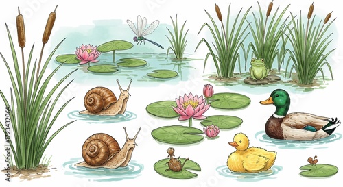 Pond Life with Ducks, Snails, Frog, Lily Pads and Cattails