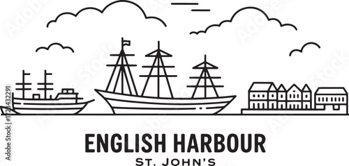 English Harbour Antigua Skyline Landmark Silhouette Travel Tourism Vector