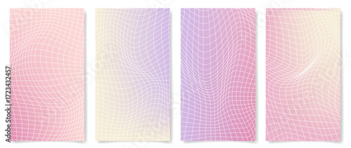 Collection of gradient groovy checkered backgrounds. Cool abstract pastel patterns. Y2K aesthetic, minimal blur design, 1970 trippy grid, wavy swirl poster set.Great for social media, advertising, web