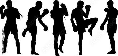 silhouette thai boxing postures muay thai poses in black shape monochrome graphic element