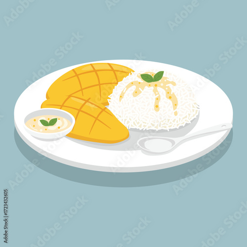 vector flat color of Thai mango sticky rice with sliced mango, a mound of sticky rice drizzled with coconut sauce, and a small bowl of extra sauce