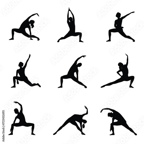 Nine black yoga pose silhouettes on white background