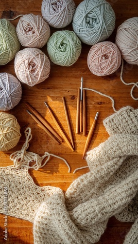 Woolen yarn, knitting needles and knitting needles on wooden background. Balls of yarn, knitting needles and pencils on wooden background