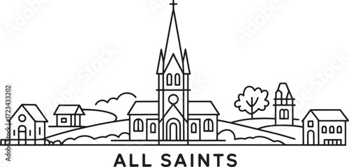 All Saints Church Skyline Outline Vector Illustration Buildings Landmark