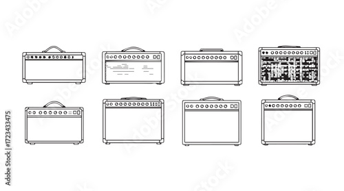 Collection of vintage and modern guitar amplifier heads for music production and performance silhouette