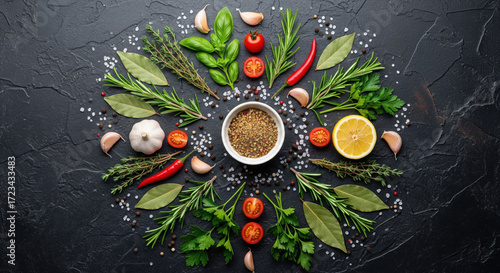 Herb spice lemon chili garlic tomato basil parsley bay leaf rosemary arranged in circular pattern on dark stone background creating fresh and vibrant culinary composition