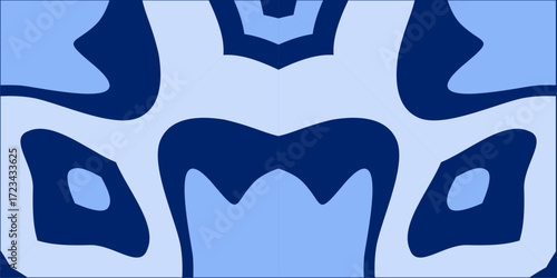 Abstract organic flowing shapes in shades of deep navy light blue and pale sky blue colors creating a symmetrical pattern.