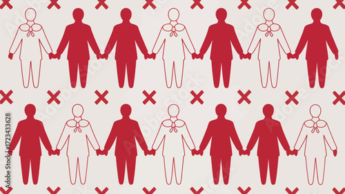 Repeating pattern of red silhouettes of people holding hands with red x marks on a beige background