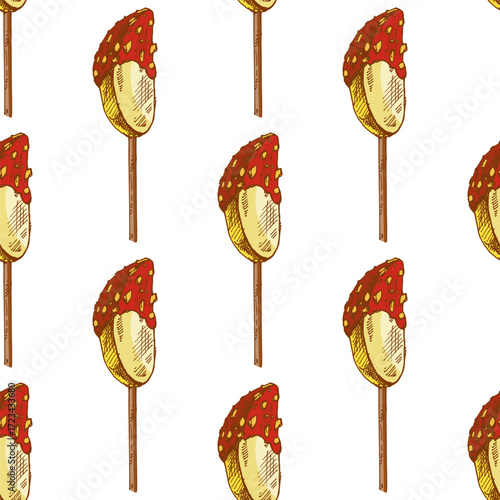 Hand drawn vintage seamless pattern of caramel apple slice on stick with nut topping, colorful sketch vector illustration