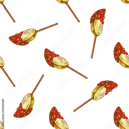 Hand drawn vintage seamless pattern of caramel apple slice on stick with nut topping, colorful sketch vector illustration