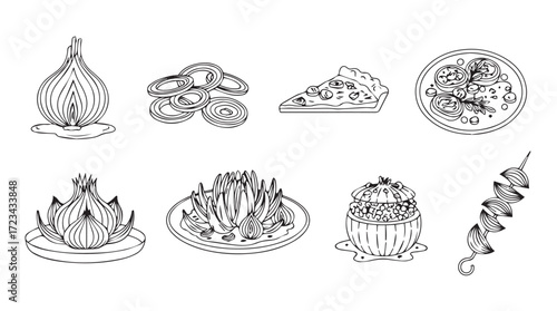 Hand-drawn food illustrations featuring delicious dishes and ingredients for culinary designs silhouette