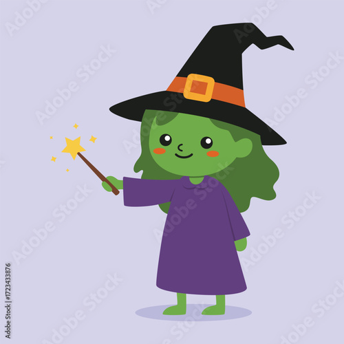 cute female witch character posing brandishing a magic wand