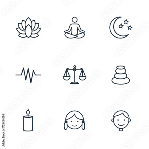 Set of nine thin line icons for wellness and balance