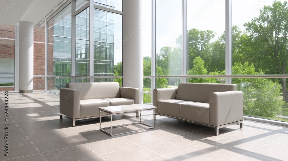 Fototapeta premium Modern Minimalist Lounge Area with Soft Seating and Natural Light in an Open Space Environment