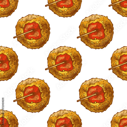 Hand drawn vintage seamless pattern of caramel apple with nut coating and stick, colorful sketch vector illustration