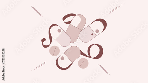 Illustration of pills and tablets with decorative ribbon on a light pink background art concept