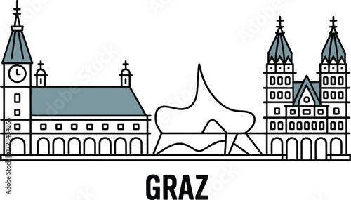 Graz Austria Cityscape Skyline Line Vector Silhouette Minimalist Icon Outline