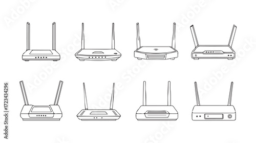 Collection of wireless routers with antennas displayed from different angles silhouette