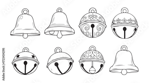 Collection of festive hand drawn christmas bells and jingle bells for holiday decor silhouette