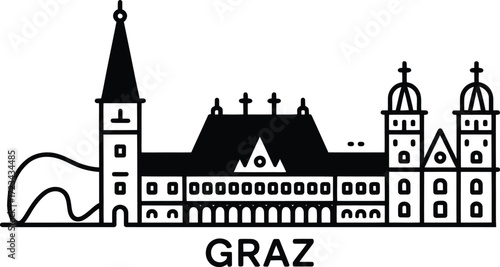 Graz Austria Landmark Silhouette Vector Illustration Skyline Building Cityscape Black
