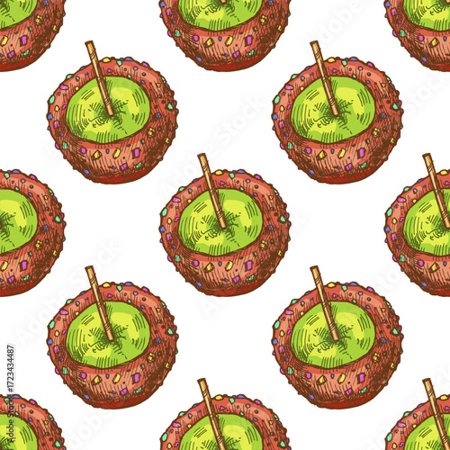 Hand drawn vintage seamless pattern of caramel apple with sprinkle topping and stick, colorful sketch vector illustration