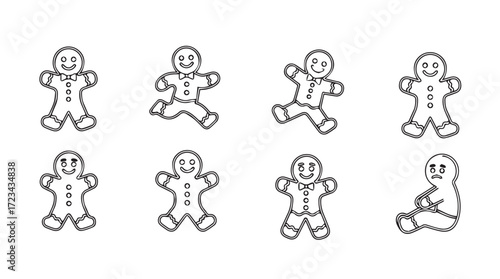 Whimsical hand-drawn gingerbread man cookie collection festive holiday treats diverse poses set silhouette