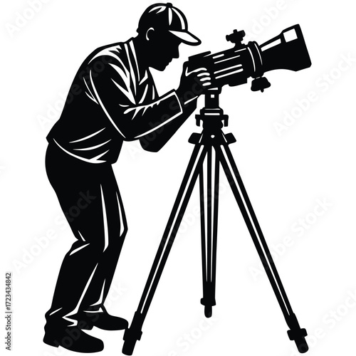 Minimal Vector of Man Adjusting Camera on Tripod