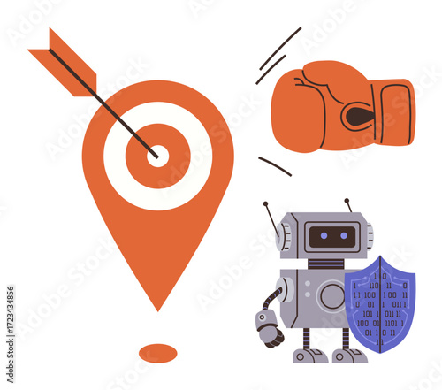 Target with arrow denotes precision boxing glove represents strength robotic figure with binary shield conveys cybersecurity and tech. Ideal for technology, data protection, AI innovation, business