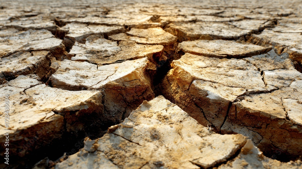 Fototapeta premium Dry and Cracked Soil Surface Under Bright Light Highlighting Drought Effects on Agriculture and Environment