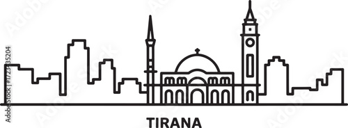 Tirana Skyline Vector Outline. Albania City Silhouette Banner Line Art Illustration