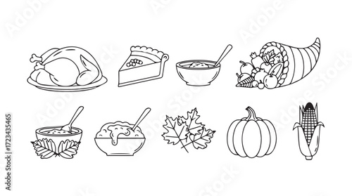 Hand drawn thanksgiving food icons featuring turkey pie squash cornucopia and autumn harvest elements silhouette