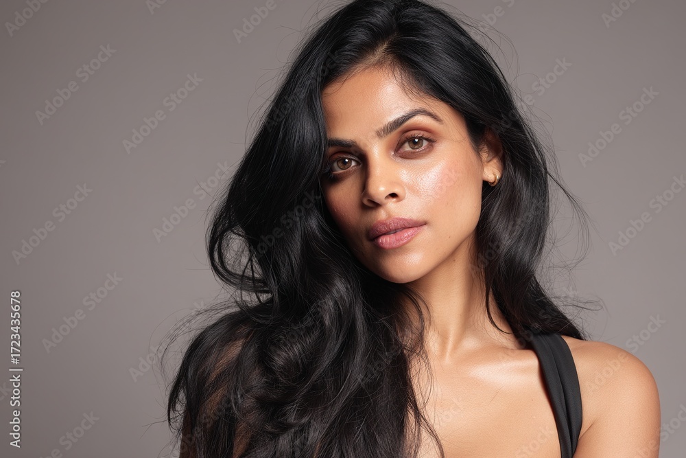 Fototapeta premium A charming woman with long hair posing gently, showing her elegant appearance and soft temperament, suitable for portrait themes that highlight personal charm and graceful style.
